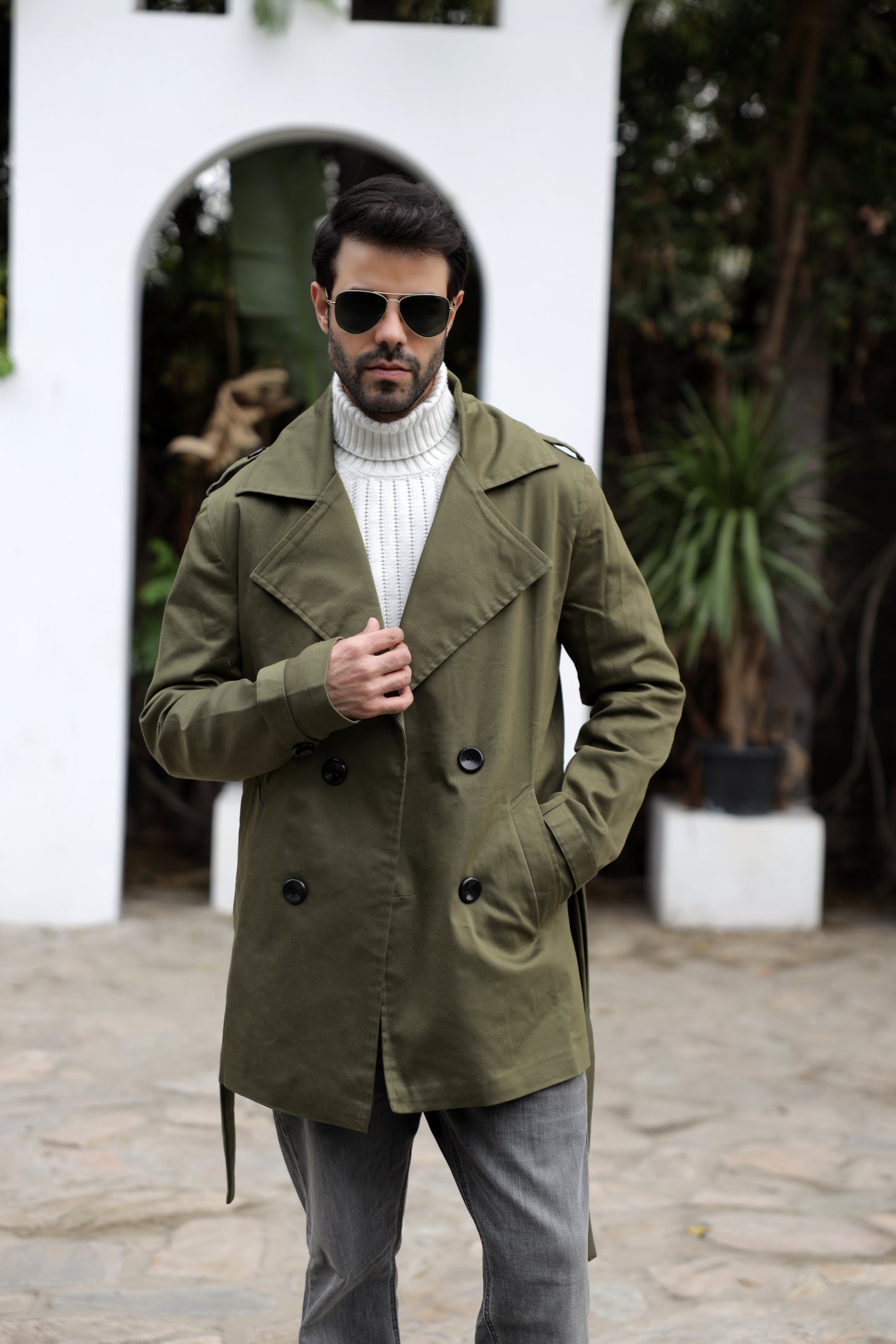 Olive Green Gabardine Trench