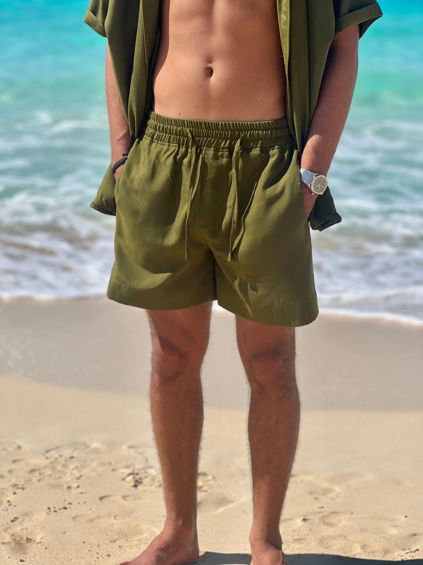 Olive Green Linen Shorts