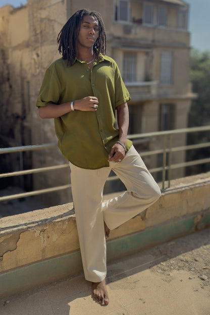 Olive Green Relaxed Fit Linen Shirt