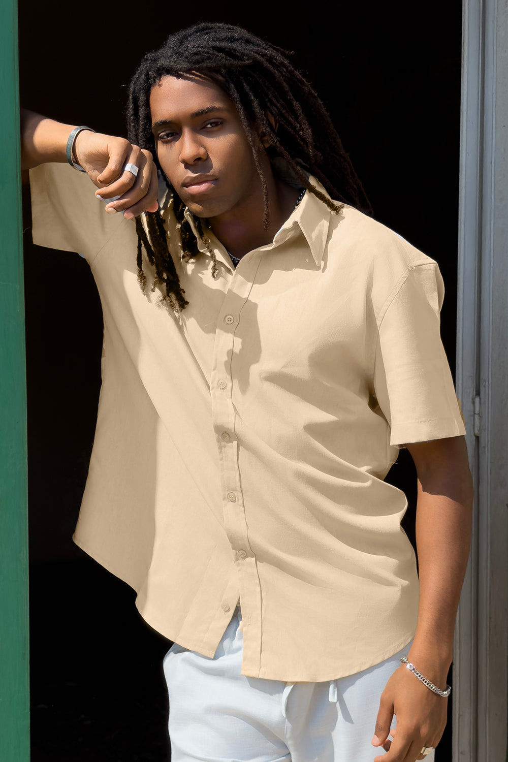 Beige Classic Short Sleeve Linen Shirt